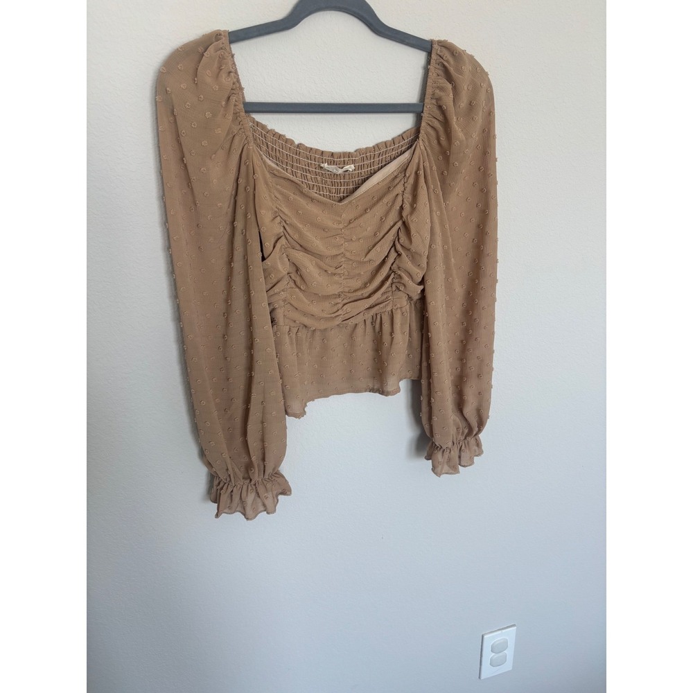 Peach Love California Tan Swiss Dot Ruched Peplum Blouse Square Neck Medium